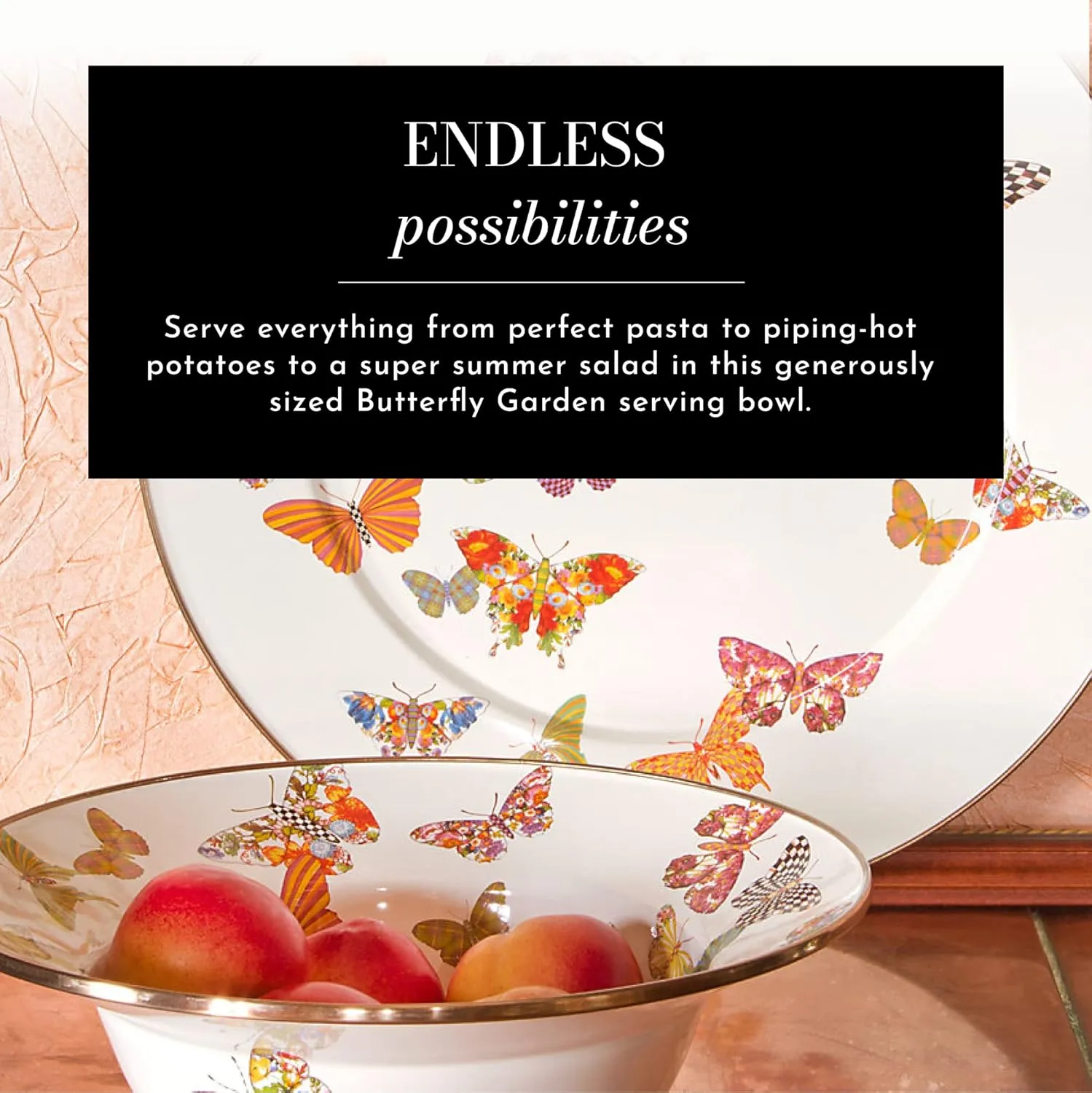 MACKENZIE-CHILDS Enamel Serving Bowl, Enamel Serveware Bowl, 12 Inches, Butterfly Garden