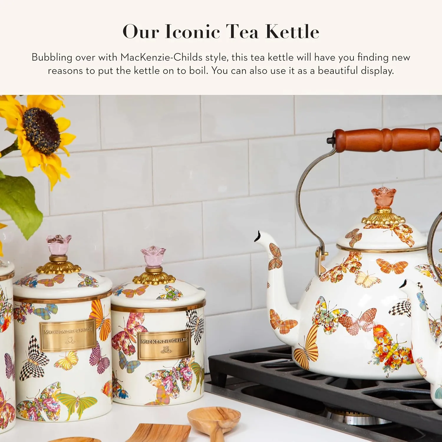 MACKENZIE-CHILDS Enamel Tea Kettle, Cute Kitchen Kettle for Stovetop, 2-Quart Capacity, Butterfly Garden