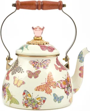 MACKENZIE-CHILDS Enamel Tea Kettle, Cute Kitchen Kettle for Stovetop, 2-Quart Capacity, Butterfly Garden
