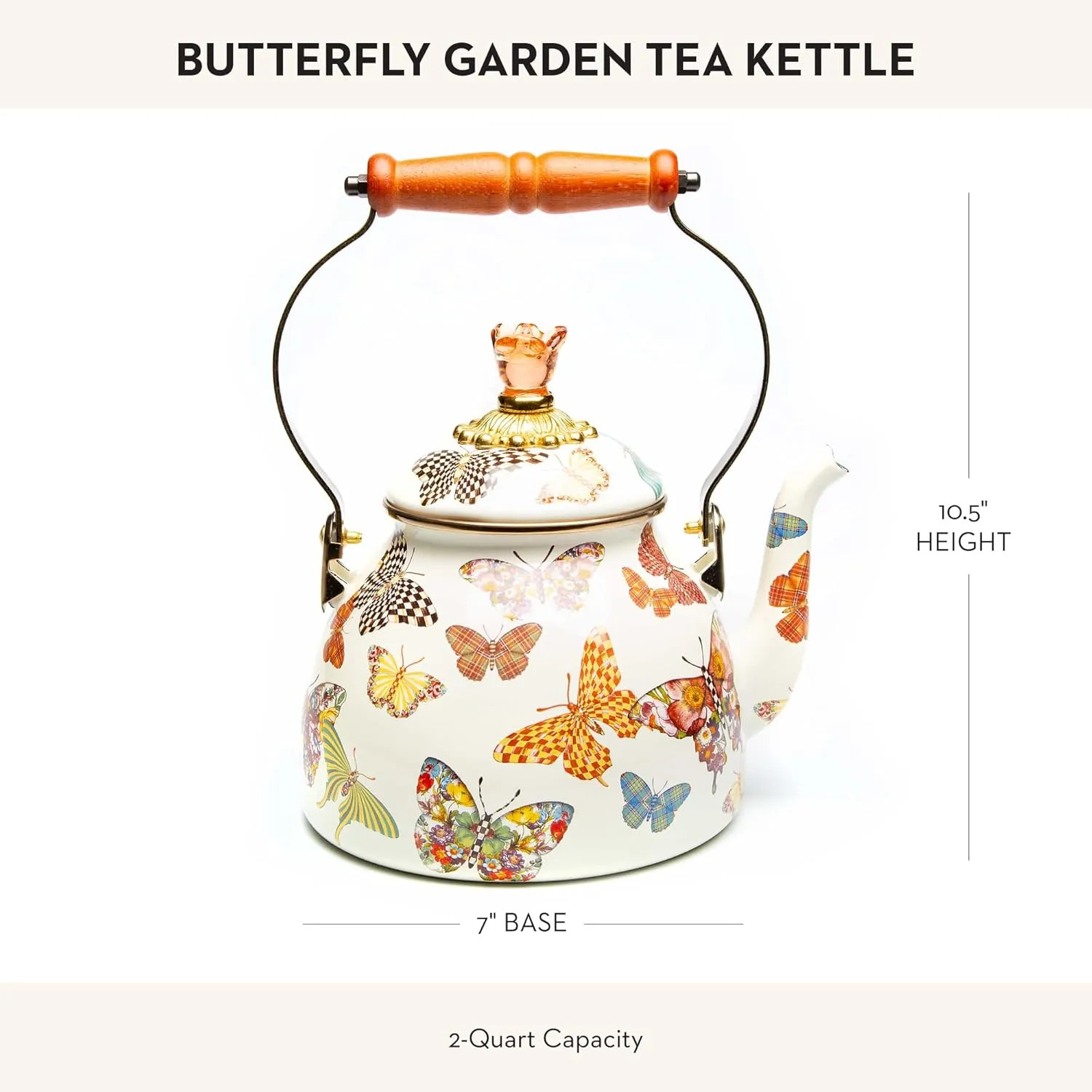 MACKENZIE-CHILDS Enamel Tea Kettle, Cute Kitchen Kettle for Stovetop, 2-Quart Capacity, Butterfly Garden