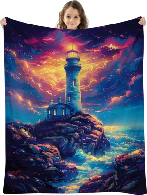 Magic Lighthouse Blanket, Colorful Seaside Landscape Throws, Soft Fleece Flannel for Bed & Sofa, 50"x40"