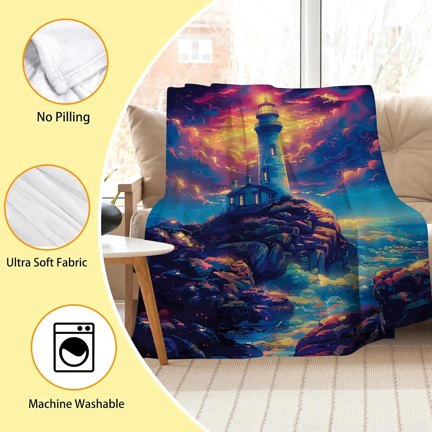 Magic Lighthouse Blanket, Colorful Seaside Landscape Throws, Soft Fleece Flannel for Bed & Sofa, 50"x40"