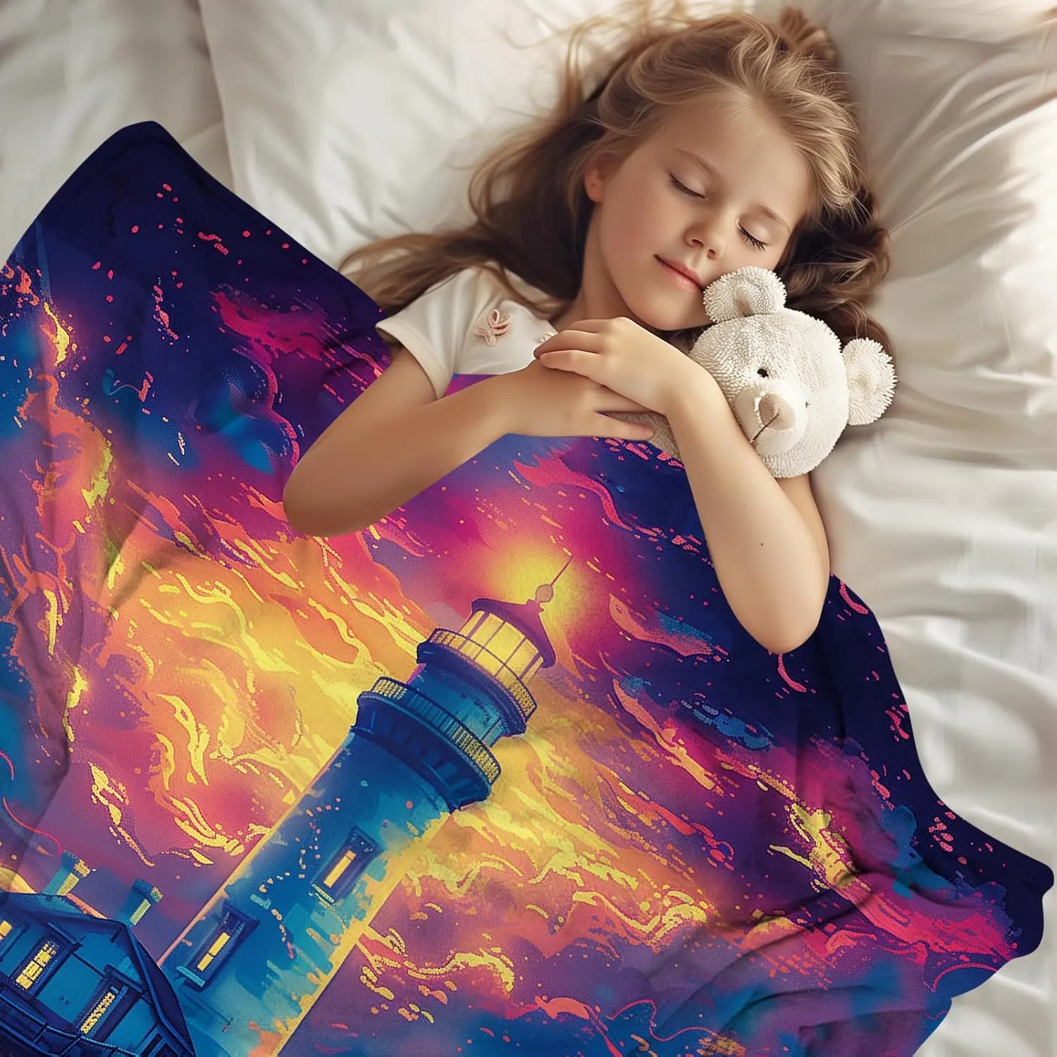 Magic Lighthouse Blanket, Colorful Seaside Landscape Throws, Soft Fleece Flannel for Bed & Sofa, 50"x40"