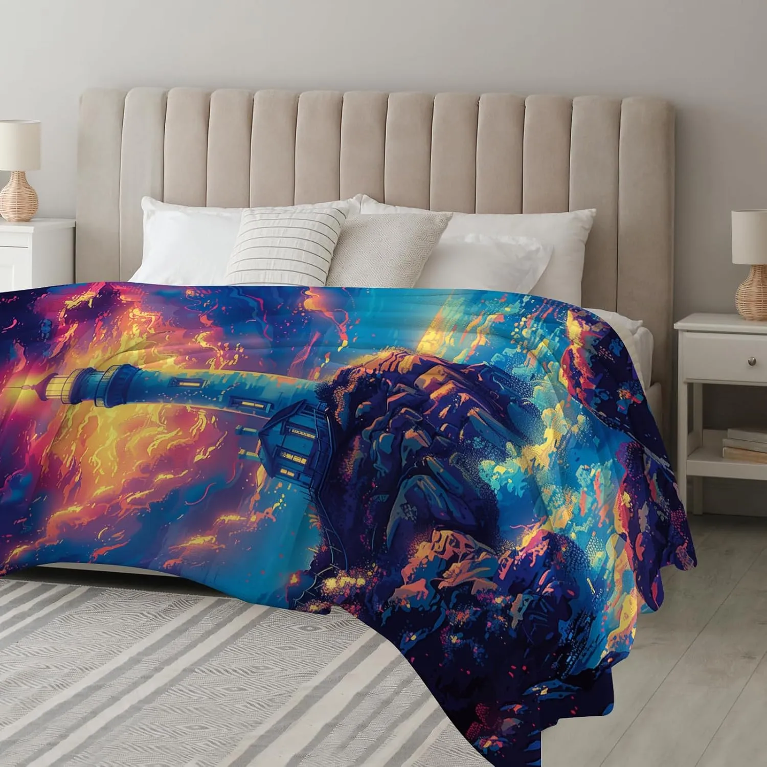 Magic Lighthouse Blanket, Colorful Seaside Landscape Throws, Soft Fleece Flannel for Bed & Sofa, 50"x40"