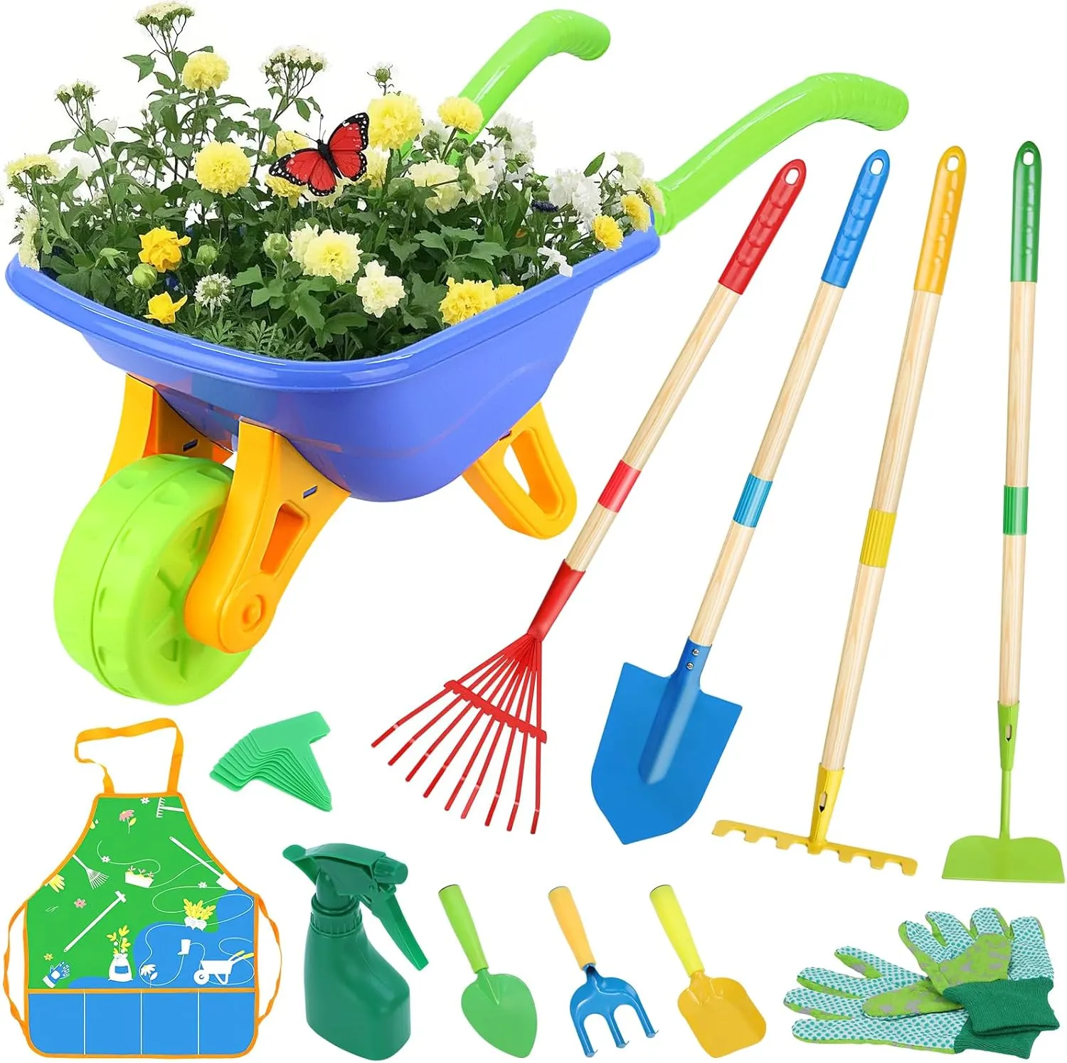 Magic4U 11-Piece Kids Gardening Set with Wheelbarrow, Shovel, Rake, Hoe, Gloves & Apron - Heavy-Duty Steel Tools & Interchangeable Handles, Outdoor Yard Toys for Boys Girls Ages 3-8