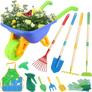 Magic4U 11-Piece Kids Gardening Set with Wheelbarrow, Shovel, Rake, Hoe, Gloves & Apron - Heavy-Duty Steel Tools & Interchangeable Handles, Outdoor Yard Toys for Boys Girls Ages 3-8