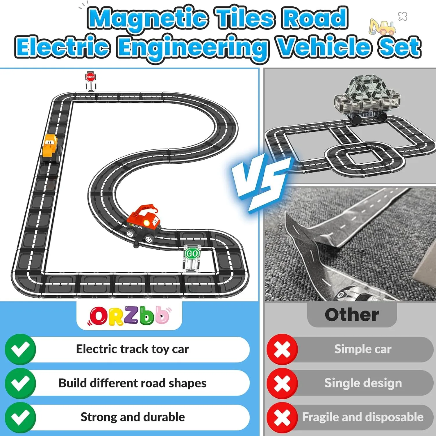 Magnetic Tiles Roads Engineering Vehicle Set, Magnetic Blocks Road Truck Car Toys for 3 4 5 6 Year old Boys Girls, Cars Games Classroom Montessori Toys for Kids, Educational STEM Toy Birthday Gifts