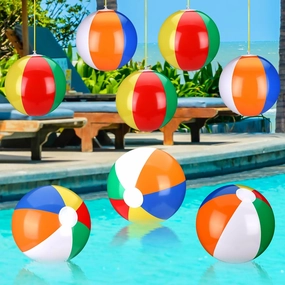 Maitys 12 Pack Rainbow Beach Balls with Hanging Rope 16'' Swimming Pool Toys Large Inflatable Beach Balls for Gift Summer Water Games Birthday Hawaiian Party Supplies Favor Adults