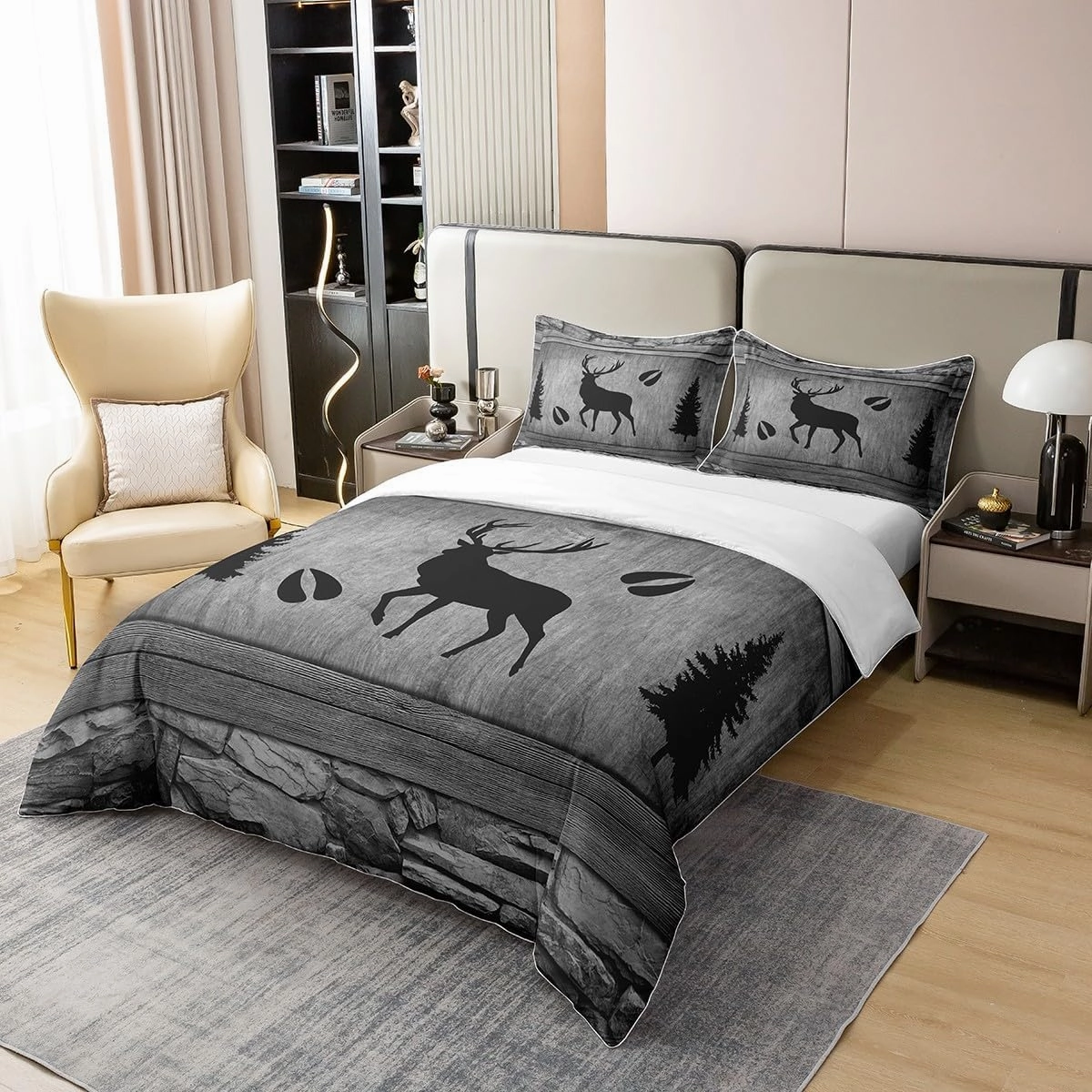 Manfei 100% Nature Cotton Deer Antler Silhouette Duvet Cover Full Size,Retro Jungle Cabin Wild Animals Footprint Comforter Cover,Not Comforter for Teens Youth,Rustic Farmhouse Style Bedding