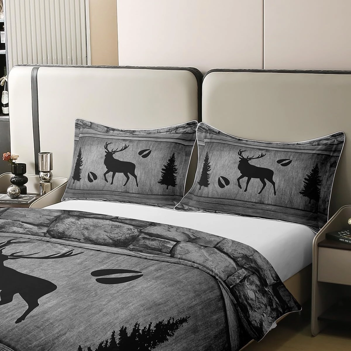 Manfei 100% Nature Cotton Deer Antler Silhouette Duvet Cover Full Size,Retro Jungle Cabin Wild Animals Footprint Comforter Cover,Not Comforter for Teens Youth,Rustic Farmhouse Style Bedding