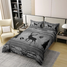 Manfei 100% Nature Cotton Deer Antler Silhouette Duvet Cover Full Size,Retro Jungle Cabin Wild Animals Footprint Comforter Cover,Not Comforter for Teens Youth,Rustic Farmhouse Style Bedding