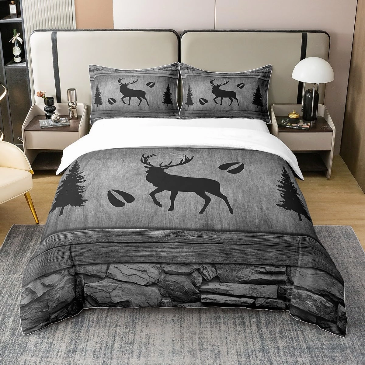 Manfei 100% Nature Cotton Deer Antler Silhouette Duvet Cover Full Size,Retro Jungle Cabin Wild Animals Footprint Comforter Cover,Not Comforter for Teens Youth,Rustic Farmhouse Style Bedding