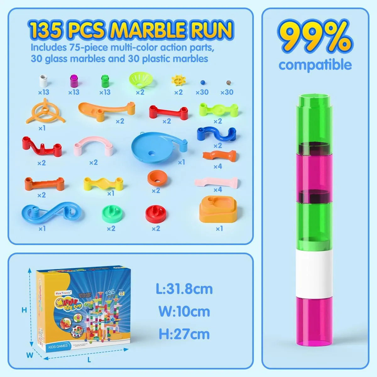 Marble Run for Kids,135 PCS Marble Maze Track Set - Educational Building Block Toys Set for Boys Girls STEM Learning (75 Blocks   60 Marbles)