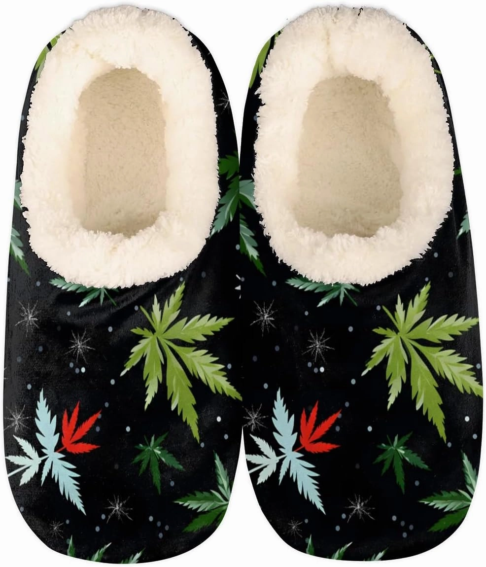 Marijuana Leaves House Slippers for Women Men Indoor Fuzzy Green Black Slippers Closed Back Bedroom Shoes Lightweight Cozy Non-slip Home Slippers