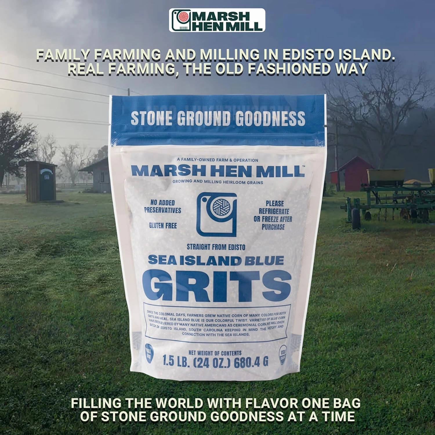 Marsh Hen Mill Sea Island Blue Grits | Stone Ground Grits | Gluten Free Old Fashioned Grits | Southern Heirloom Corn Grits with a Hearty, Fruity, Nutty Flavor | 100% Natural | 24 Oz (Pack of 1)
