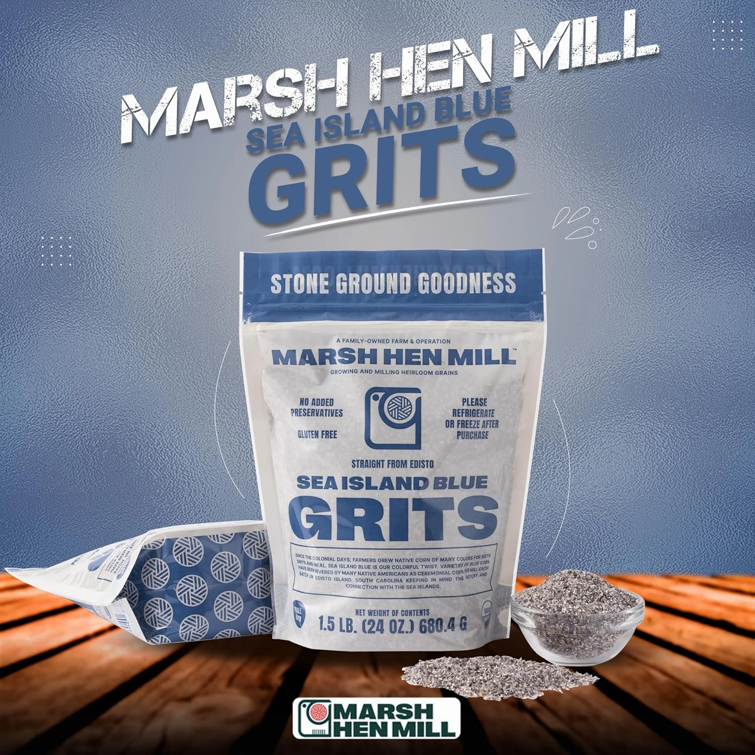 Marsh Hen Mill Sea Island Blue Grits | Stone Ground Grits | Gluten Free Old Fashioned Grits | Southern Heirloom Corn Grits with a Hearty, Fruity, Nutty Flavor | 100% Natural | 24 Oz (Pack of 1)