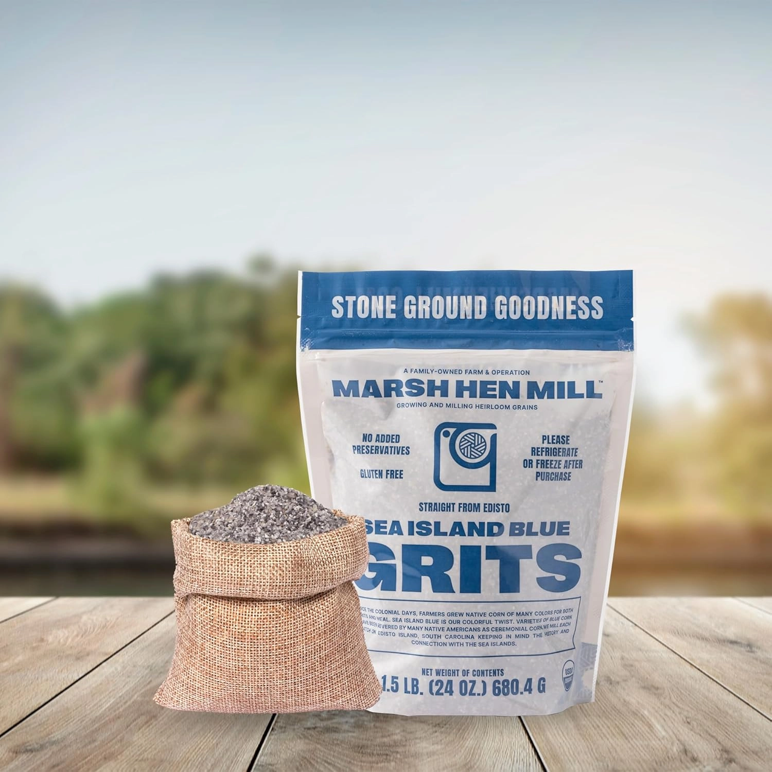 Marsh Hen Mill Sea Island Blue Grits | Stone Ground Grits | Gluten Free Old Fashioned Grits | Southern Heirloom Corn Grits with a Hearty, Fruity, Nutty Flavor | 100% Natural | 24 Oz (Pack of 1)