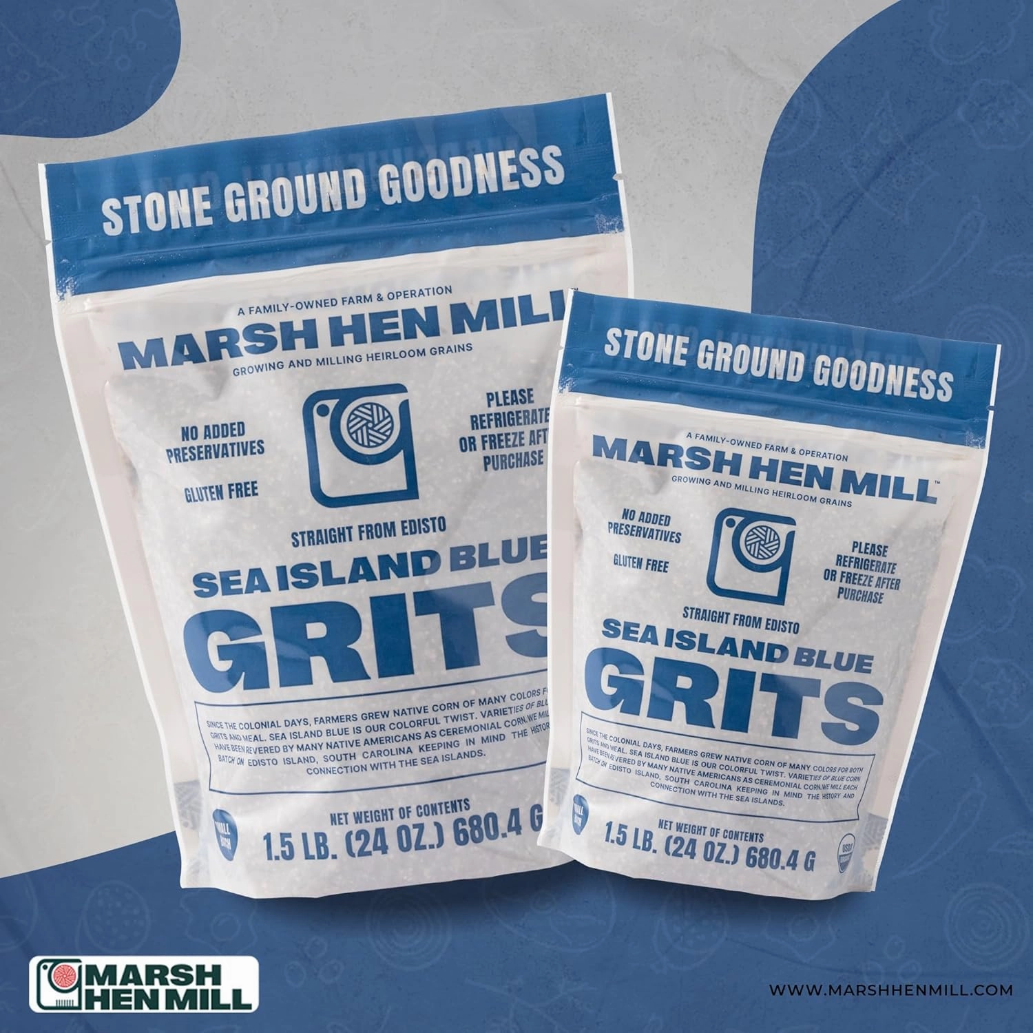 Marsh Hen Mill Sea Island Blue Grits | Stone Ground Grits | Gluten Free Old Fashioned Grits | Southern Heirloom Corn Grits with a Hearty, Fruity, Nutty Flavor | 100% Natural | 24 Oz (Pack of 1)
