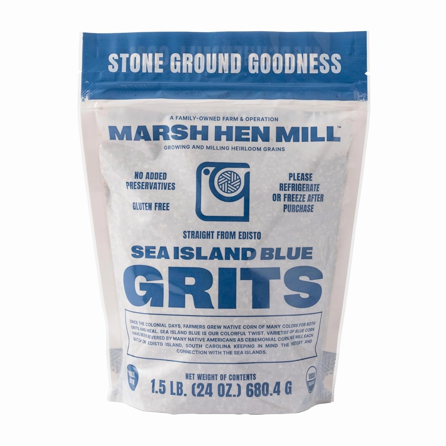 Marsh Hen Mill Sea Island Blue Grits | Stone Ground Grits | Gluten Free Old Fashioned Grits | Southern Heirloom Corn Grits with a Hearty, Fruity, Nutty Flavor | 100% Natural | 24 Oz (Pack of 1)