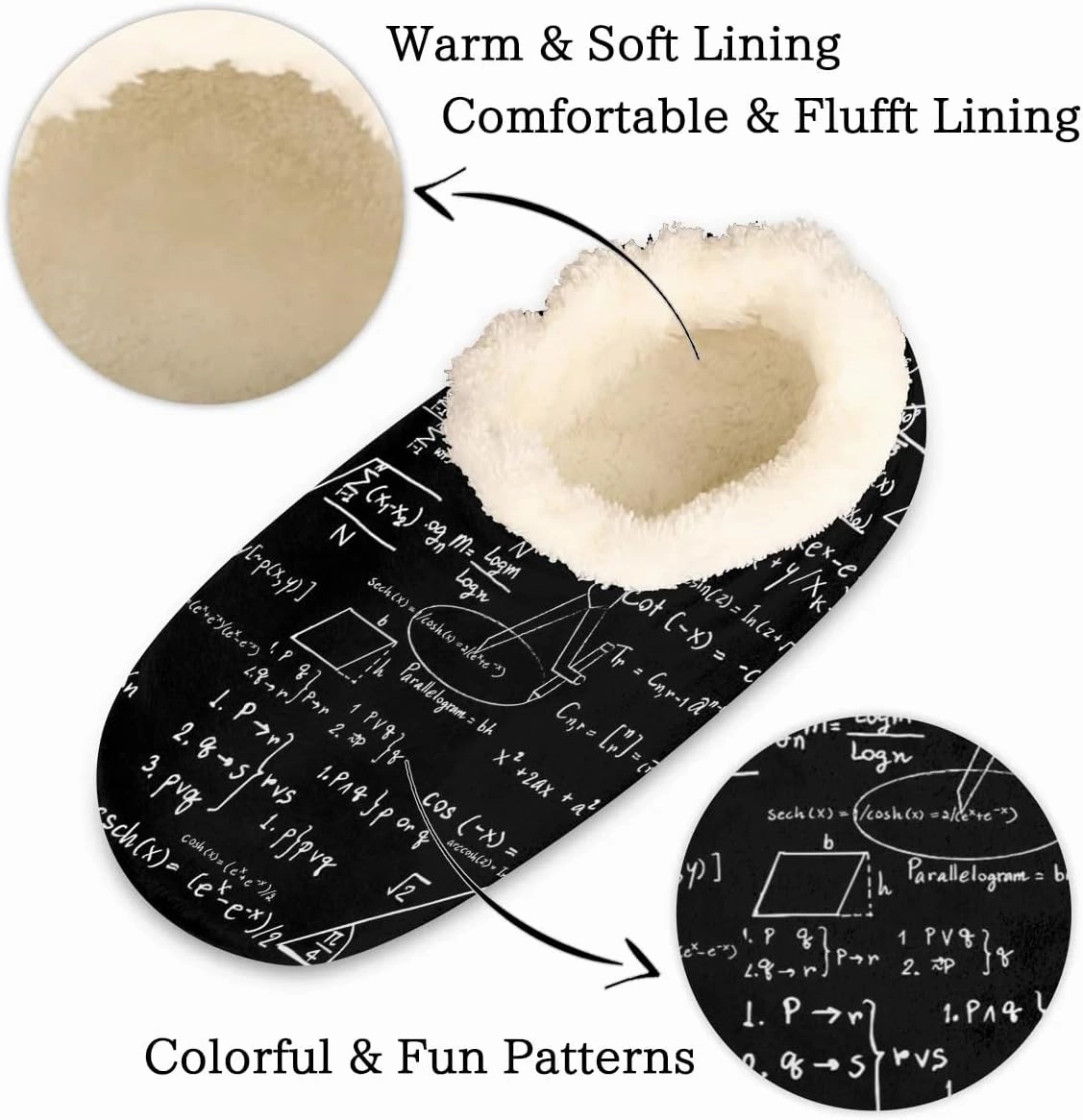 Math Black White House Slippers for Women Men Indoor Fuzzy Slippers Closed Back Bedroom Shoes Lightweight Cozy Non-slip Home Slippers