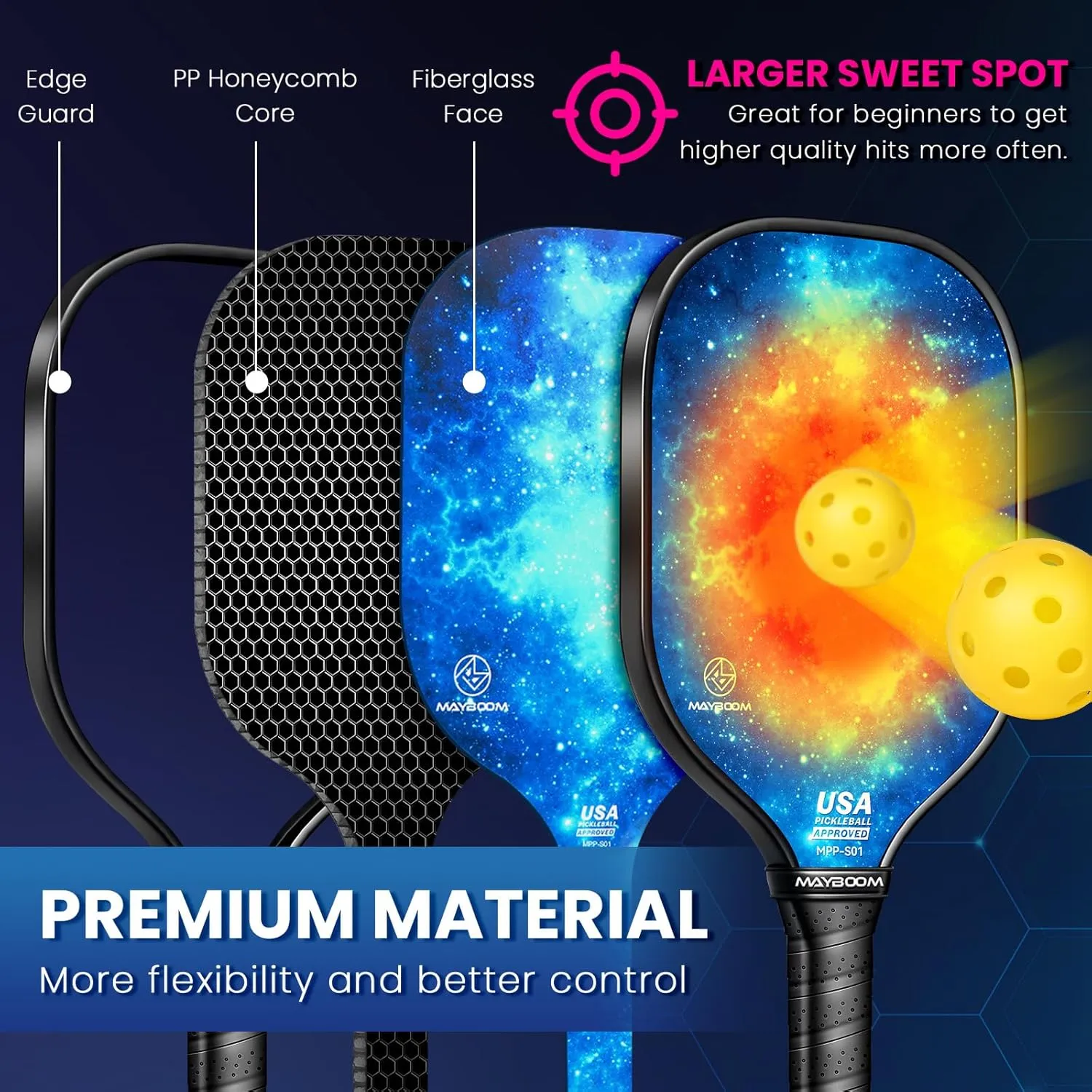 Mayboom Pickleball Paddles Set of 2 or 4, USAPA Approved Pickleball Set with 4 Pickleball Balls and Pickleball Bag, Fiberglass Pickle Ball Rackets 2 Pack for Beginner