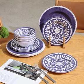 Melamine Dinnerware Set, 12 Pieces Plates and Bowls Set, Unbreakable Dish Set,Lightweight,Camping,Dishwasher Safe,Service for 4, Blue-purple