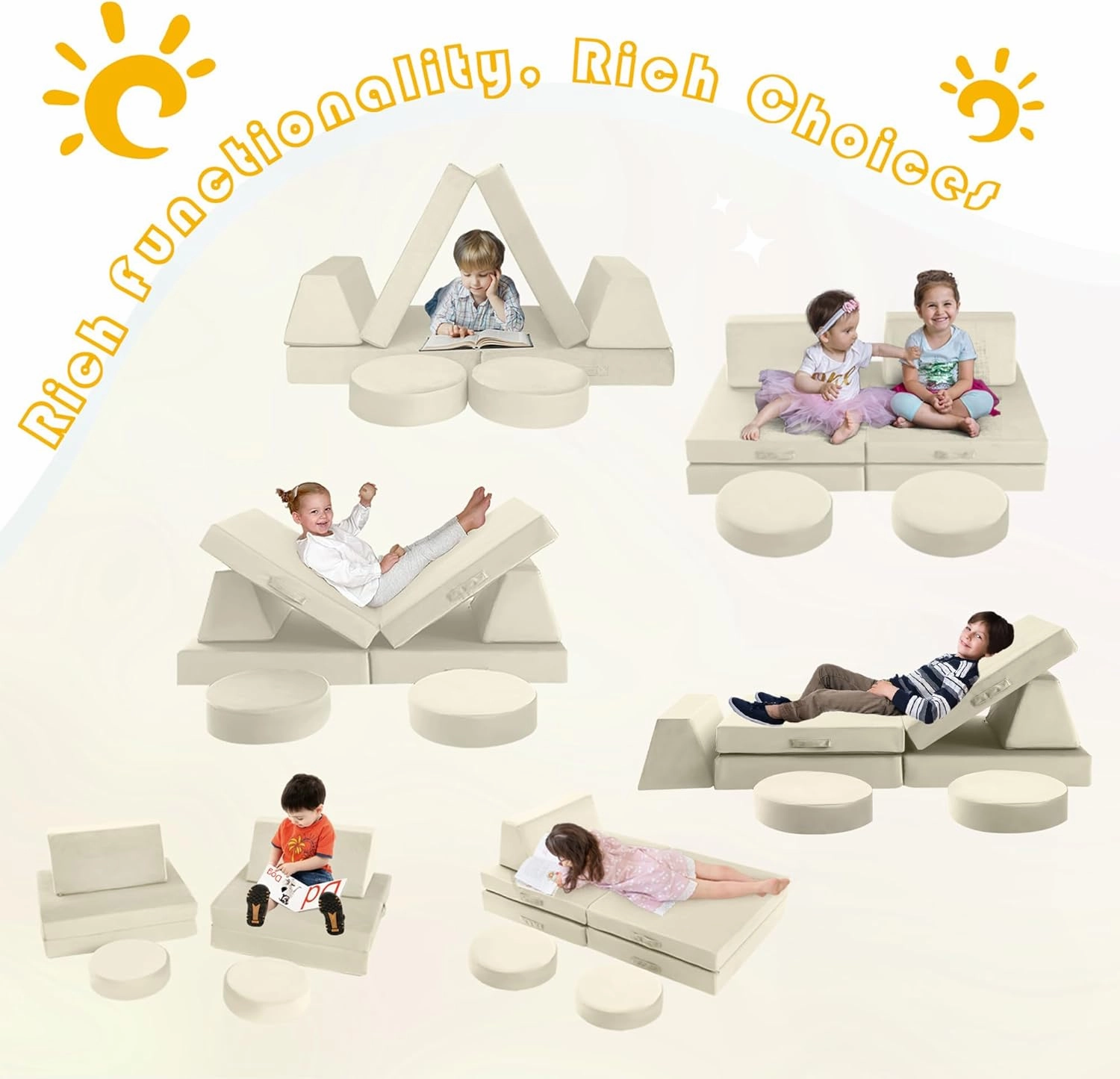 MeMoreCool Modular Kids Play Couch, Beige Foam Sofa and Fort Explorer Building Set for Toddlers and Playroom