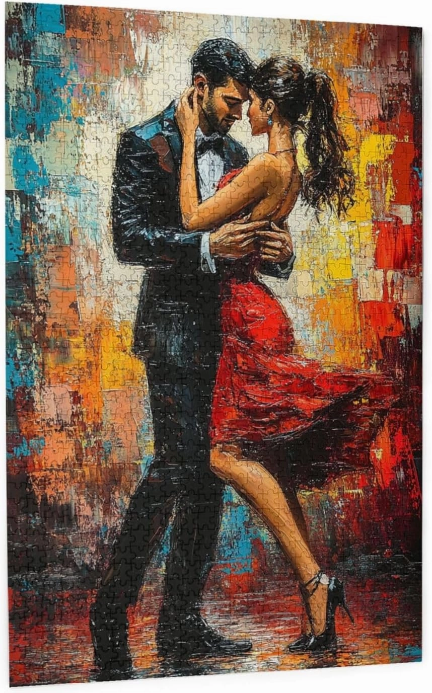 Men and Women at The Ball，1000 Piece Adults Wooden Jigsaw Puzzle，, Set Against A Bold, Colorful, Abstract Backdrop，Creative Activity Hobbies，Party Events to Bring People Closer Together