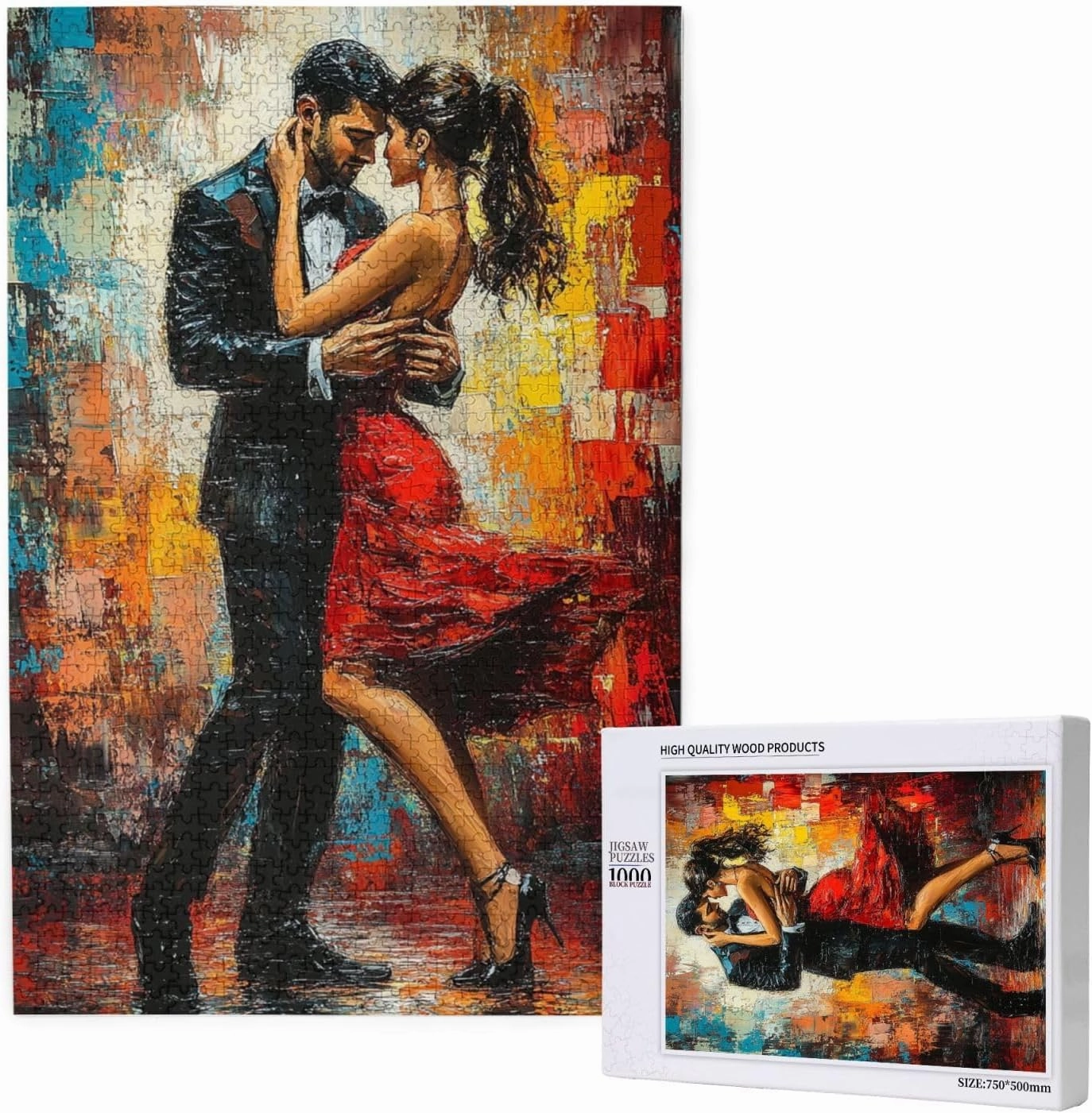 Men and Women at The Ball，1000 Piece Adults Wooden Jigsaw Puzzle，, Set Against A Bold, Colorful, Abstract Backdrop，Creative Activity Hobbies，Party Events to Bring People Closer Together