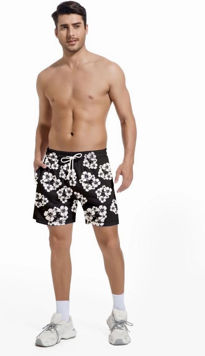Men's Black Flower Graphic Mesh Shorts Cool Retro Basketball Running Athletic Shorts Drawstring Waist Casual Track Shorts