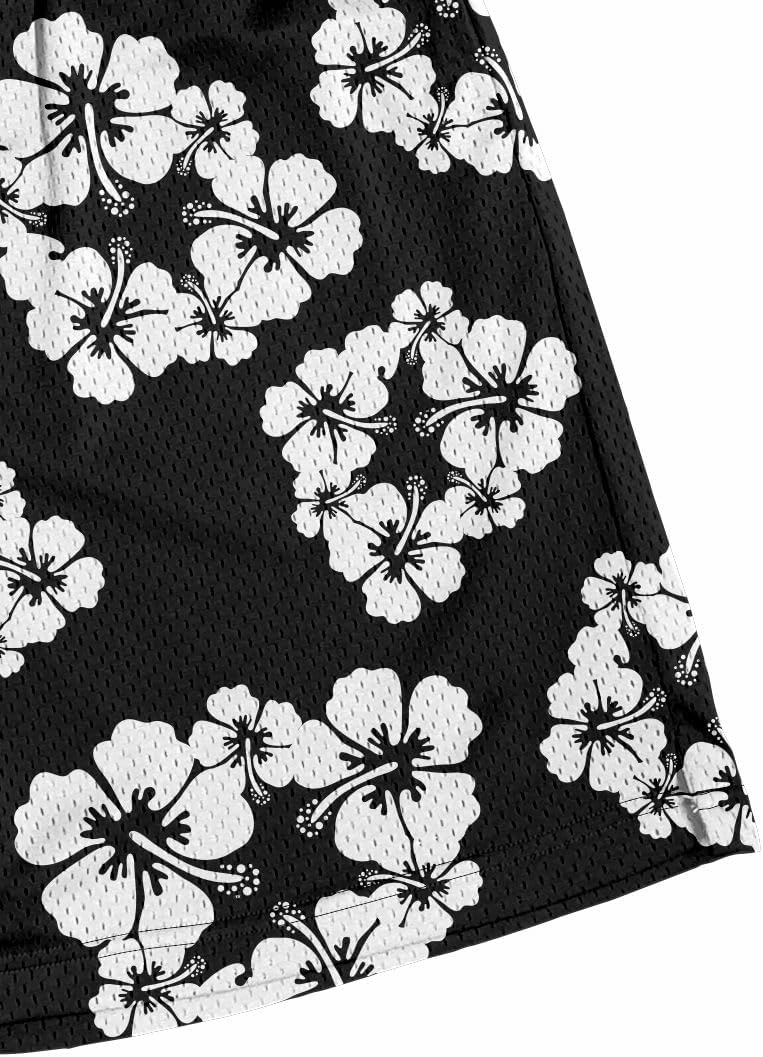 Men's Black Flower Graphic Mesh Shorts Cool Retro Basketball Running Athletic Shorts Drawstring Waist Casual Track Shorts