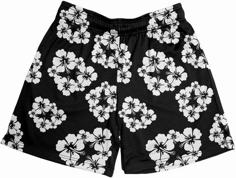 Men's Black Flower Graphic Mesh Shorts Cool Retro Basketball Running Athletic Shorts Drawstring Waist Casual Track Shorts