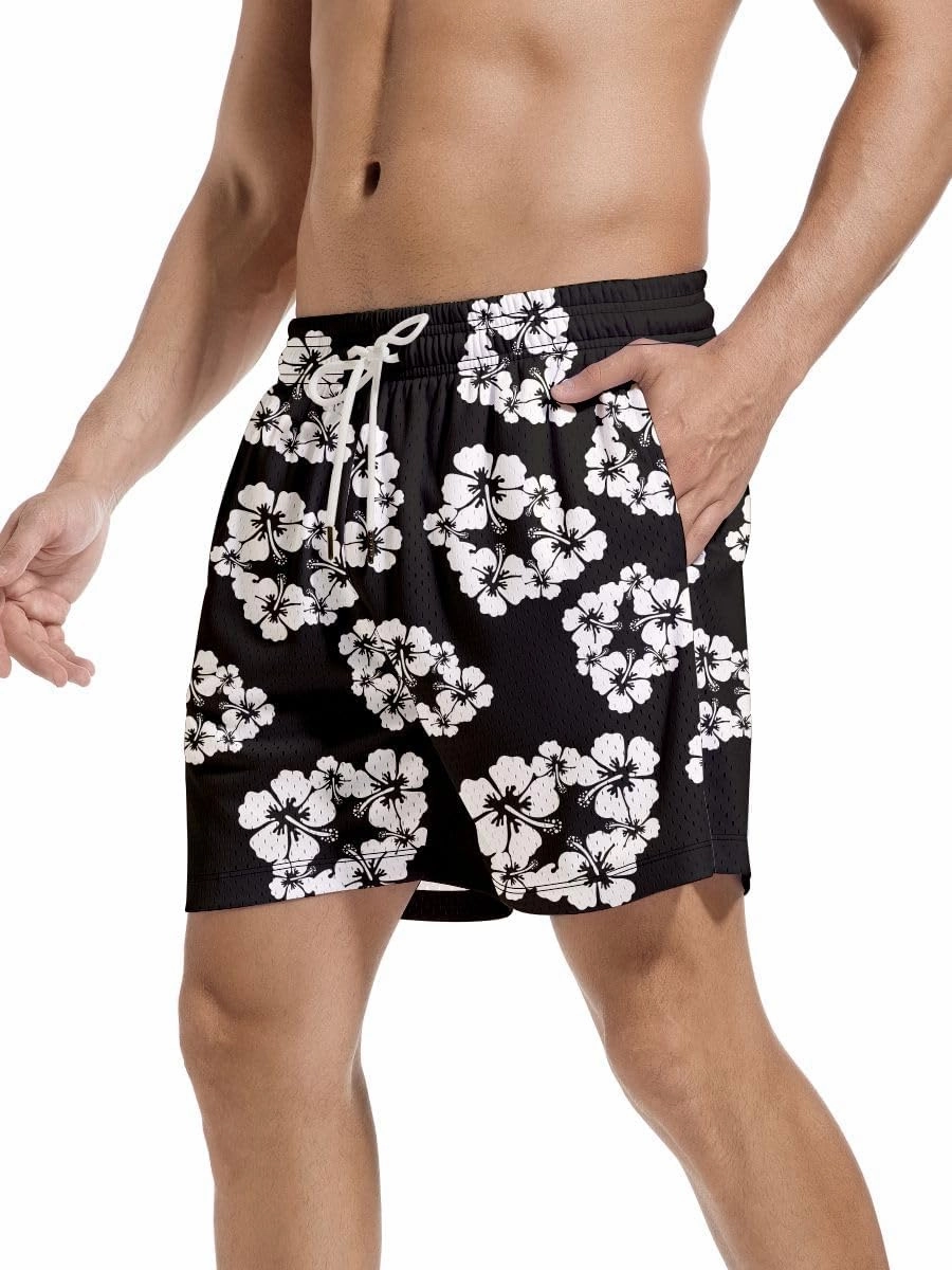 Men's Black Flower Graphic Mesh Shorts Cool Retro Basketball Running Athletic Shorts Drawstring Waist Casual Track Shorts