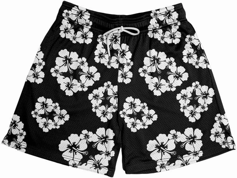 Men's Black Flower Graphic Mesh Shorts Cool Retro Basketball Running Athletic Shorts Drawstring Waist Casual Track Shorts