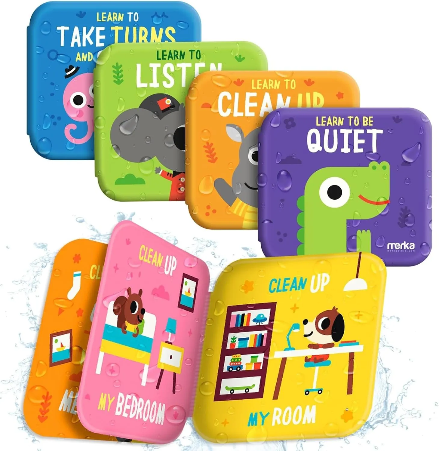 merka Baby Bath Books for Toddlers, 4 Pack Waterproof Bathtime Books, Bath Toys Floatable in Bathtub, Learn Take Turns, Clean Up, Listen, Quiet