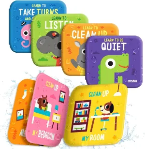 merka Baby Bath Books for Toddlers, 4 Pack Waterproof Bathtime Books, Bath Toys Floatable in Bathtub, Learn Take Turns, Clean Up, Listen, Quiet