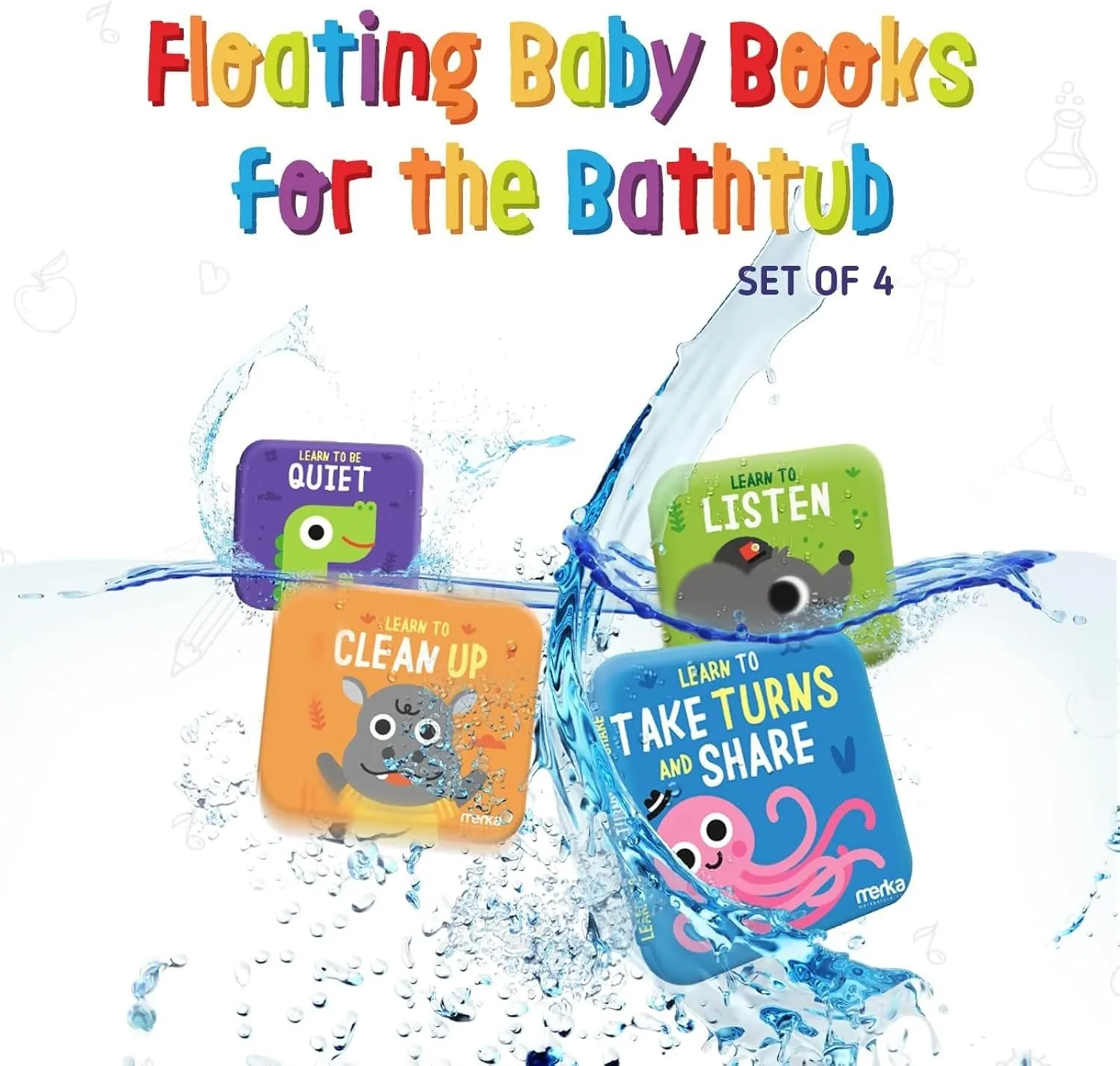 merka Baby Bath Books for Toddlers, 4 Pack Waterproof Bathtime Books, Bath Toys Floatable in Bathtub, Learn Take Turns, Clean Up, Listen, Quiet