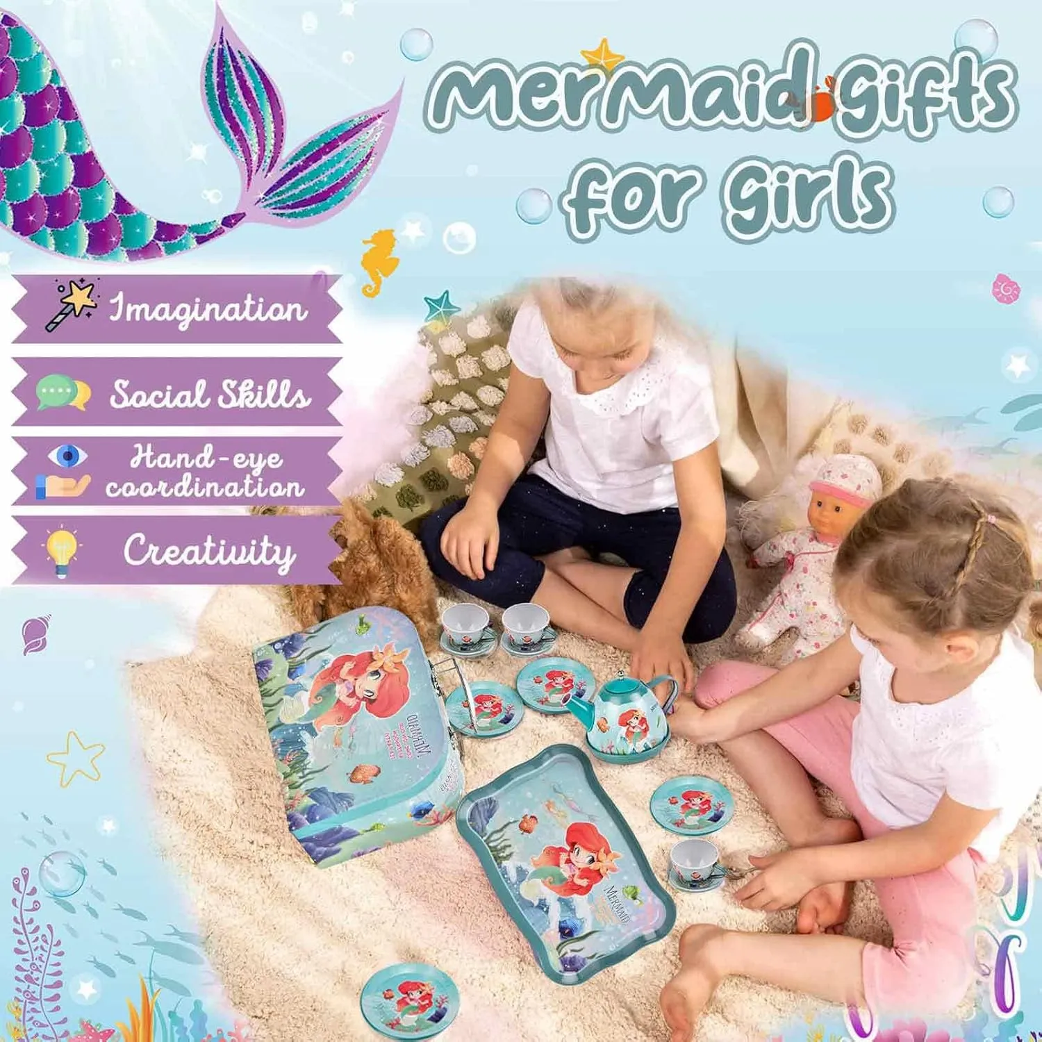 Mermaid Tea Party Set for Little Girls, Kids Party Set Toys for 3 4 5 6 Year Old Girls, Pretend Toy Tin Tea Set & Carrying Case, Princess Tea Time Kitchen Play Toys, Birthday Gifts for Girls