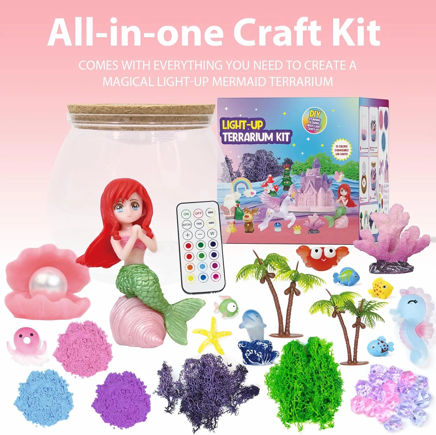 Mermaid Terrarium Kit for Kids - LED Night Light Birthday Gift for Girls Ages 4 5 6 7 8-12 Year Old - Toys for Girls - DIY Arts and Crafts Kit for Kids - Best Girls Presents (Mermaid)