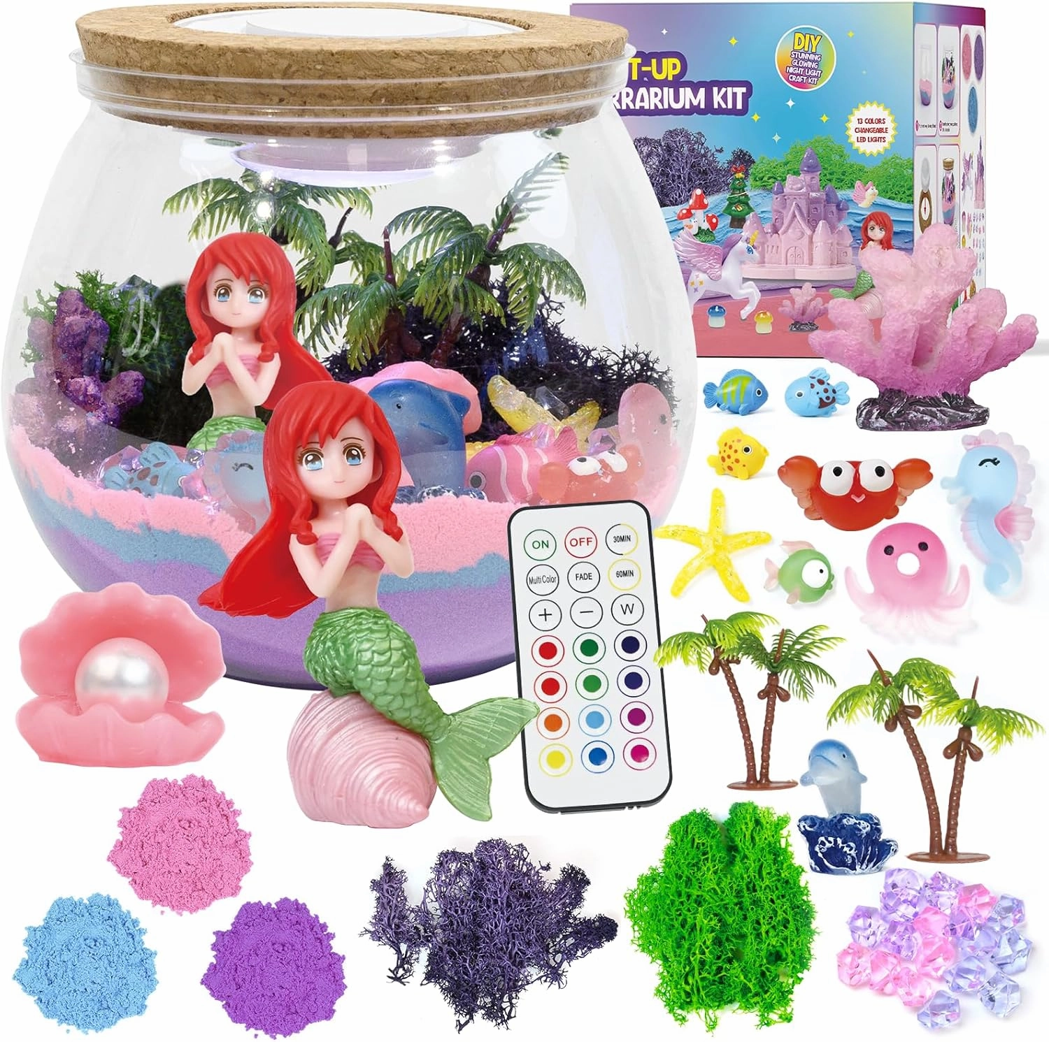 Mermaid Terrarium Kit for Kids - LED Night Light Birthday Gift for Girls Ages 4 5 6 7 8-12 Year Old - Toys for Girls - DIY Arts and Crafts Kit for Kids - Best Girls Presents (Mermaid)