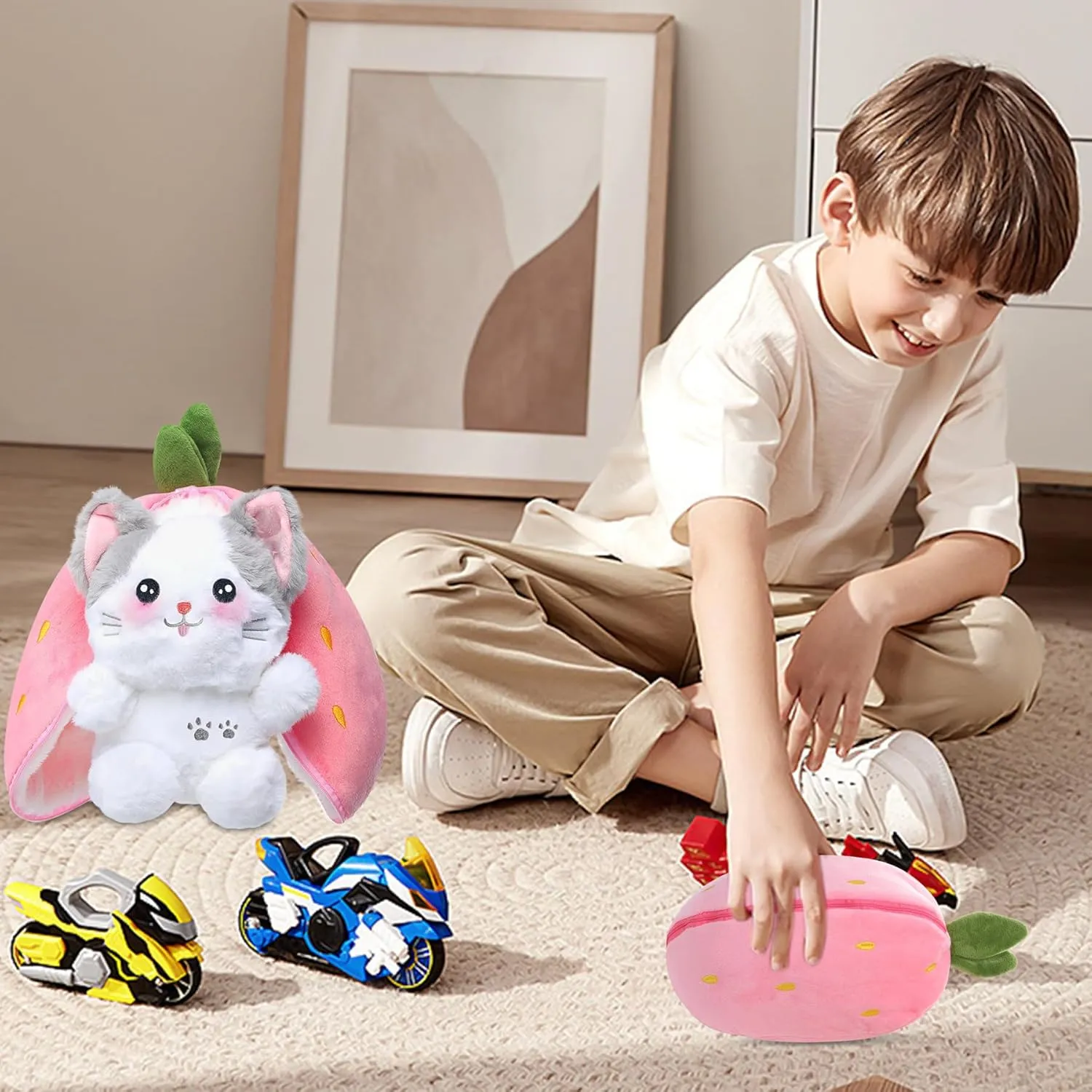 MIAODAM Easter Cat Toys, Stuffed Cat Plush, Kawaii Squishy Cute Strawberry Turn Into Cat Plush, Funny Plushies Toy for Baby & Adult (Strawberry Cat, 11.8inch)