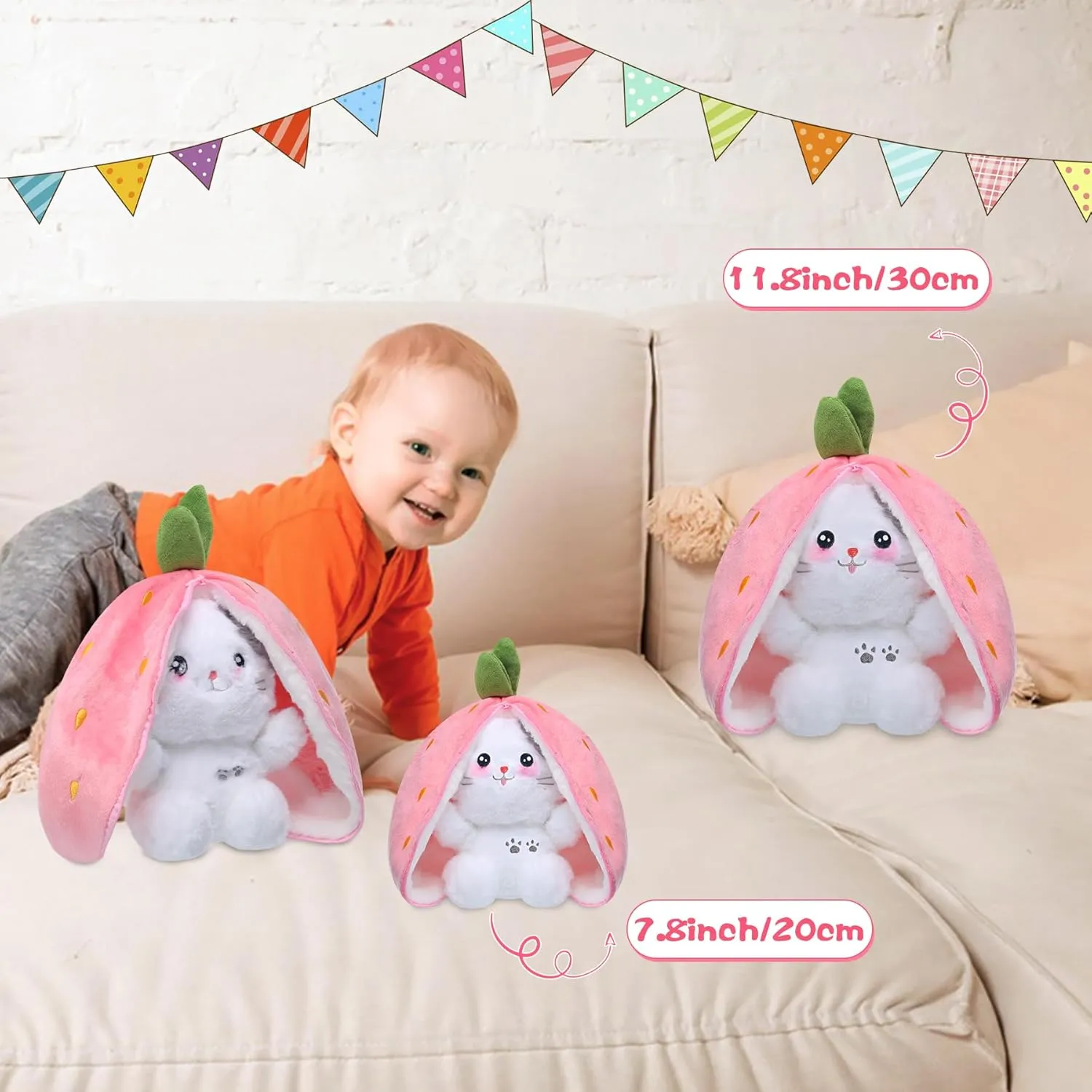 MIAODAM Easter Cat Toys, Stuffed Cat Plush, Kawaii Squishy Cute Strawberry Turn Into Cat Plush, Funny Plushies Toy for Baby & Adult (Strawberry Cat, 11.8inch)