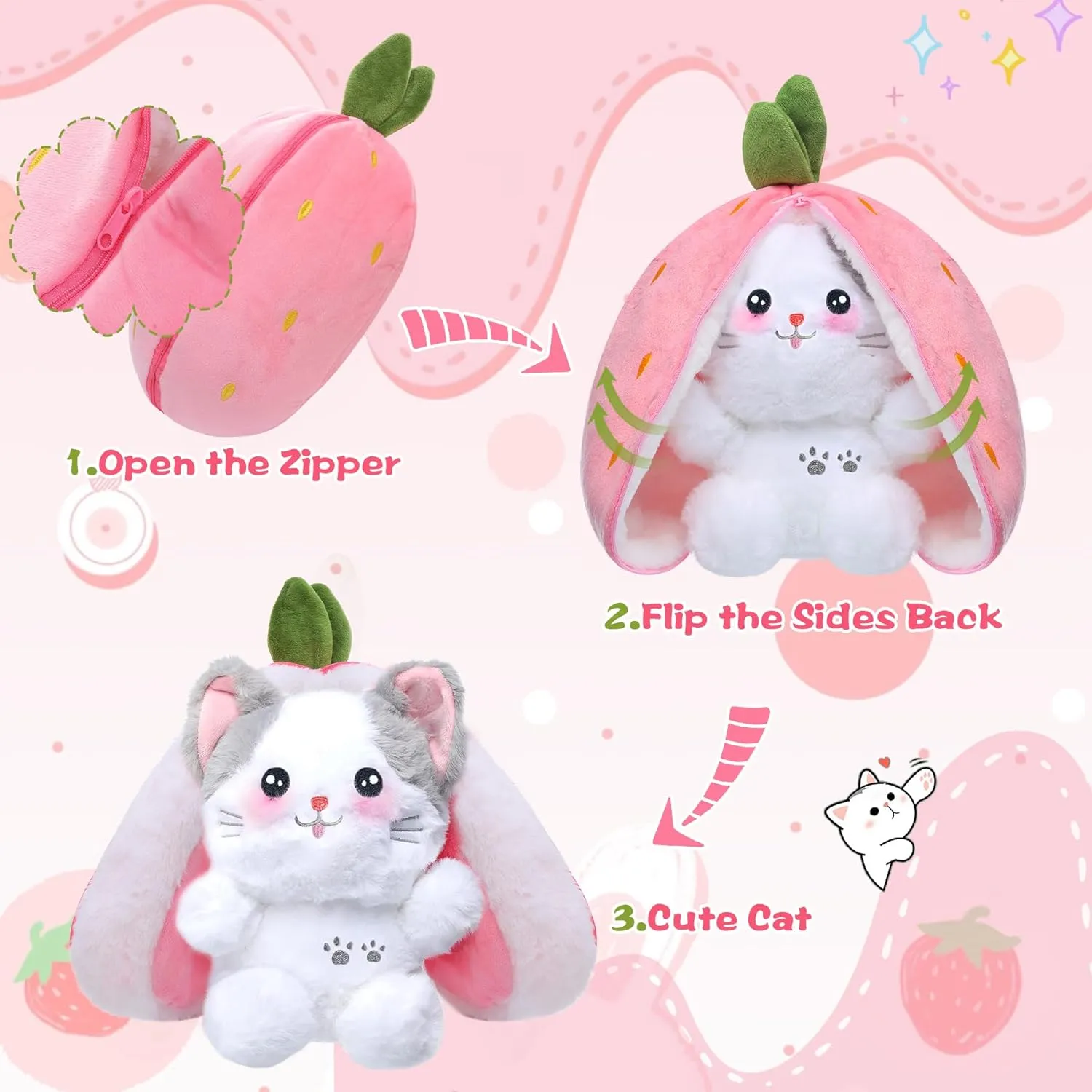 MIAODAM Easter Cat Toys, Stuffed Cat Plush, Kawaii Squishy Cute Strawberry Turn Into Cat Plush, Funny Plushies Toy for Baby & Adult (Strawberry Cat, 11.8inch)