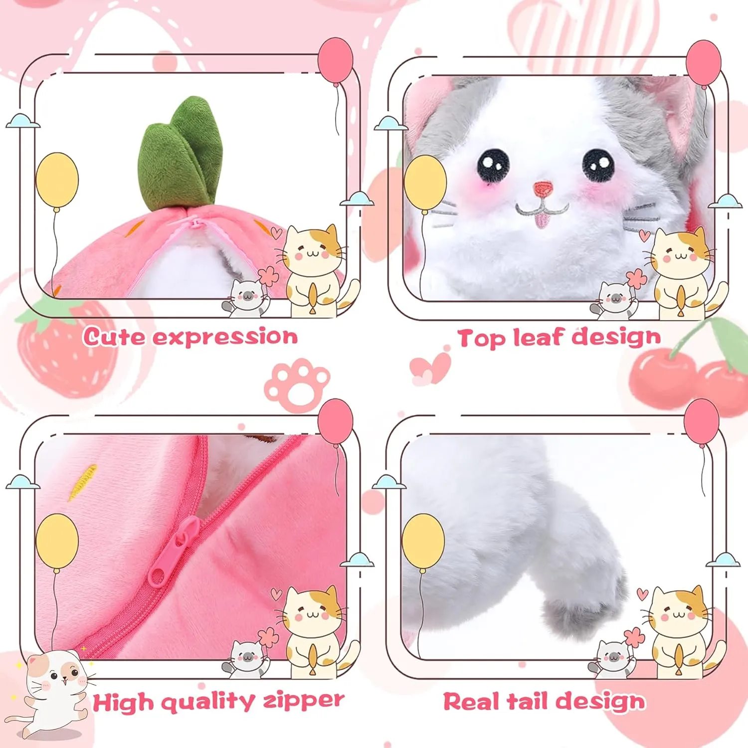 MIAODAM Easter Cat Toys, Stuffed Cat Plush, Kawaii Squishy Cute Strawberry Turn Into Cat Plush, Funny Plushies Toy for Baby & Adult (Strawberry Cat, 11.8inch)