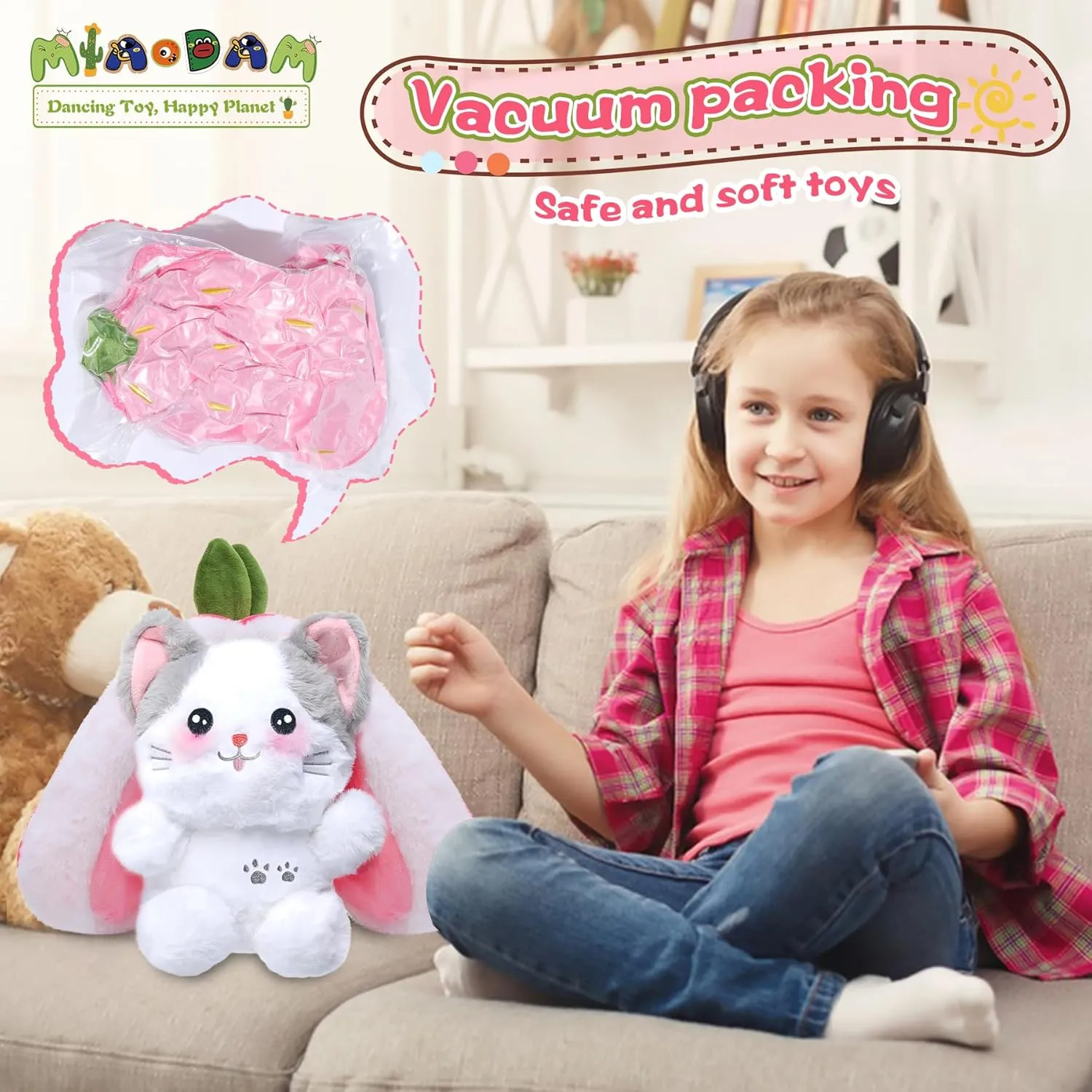 MIAODAM Easter Cat Toys, Stuffed Cat Plush, Kawaii Squishy Cute Strawberry Turn Into Cat Plush, Funny Plushies Toy for Baby & Adult (Strawberry Cat, 11.8inch)
