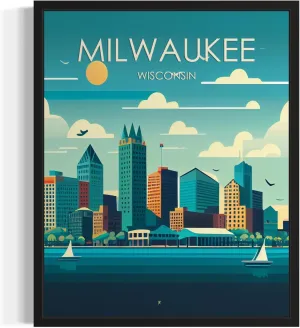 Milwaukee Poster Art Print, Retro City Mountain and Lake Landscape Artwork, Wall Art Vintage Decor Picture For Bedroom Office Home Decor 64 (Milwaukee, 16 x 20 inches, Unframed)