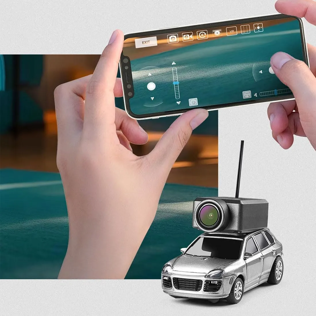 Mini FPV RC Car with Camera – 1:64 Scale WL App-Controlled WiFi Remote Grey Car Model, 720P HD Real-Time Video, 3-Speed Modes, LED Lights, Gyro Sensor – Great Gift for Teens & Adults