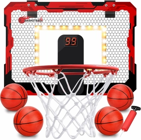 Mini Indoor Basketball Hoop for Kids Adults, Over Door Mini Hoop with Ball for Room Office, LED Light Glow in The Dark, Lawn Wall Pool Scoreboard Basketball Game, 3-12 Years, Larger 17x12Inch Red