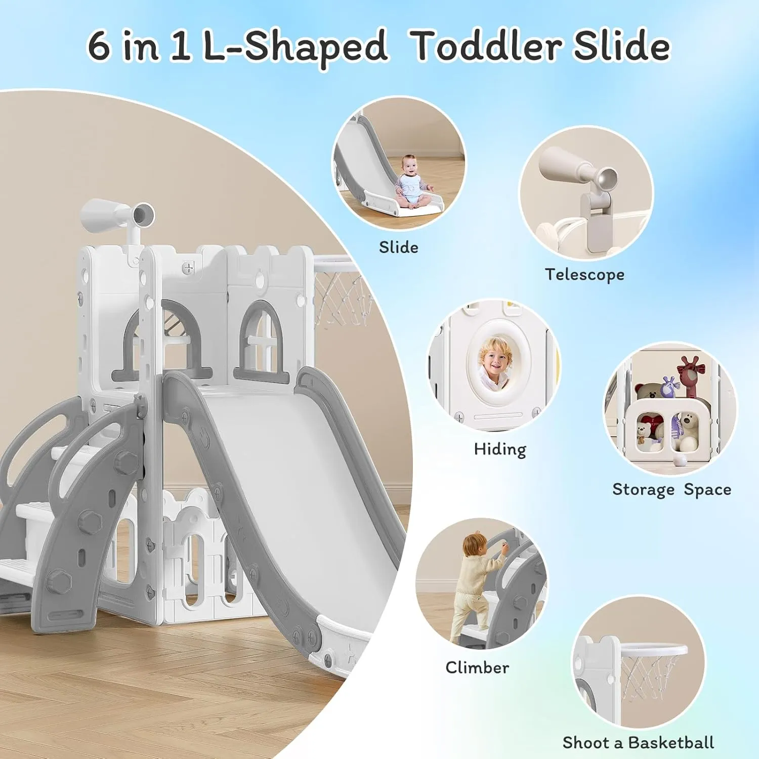 MOCUTEEN 6 in 1 Toddler Slide,Baby Playset for Indoor Outdoor Playground with Basketball Hoop,Storage and Telescope,Climbing Toys for Toddler Playground Playset