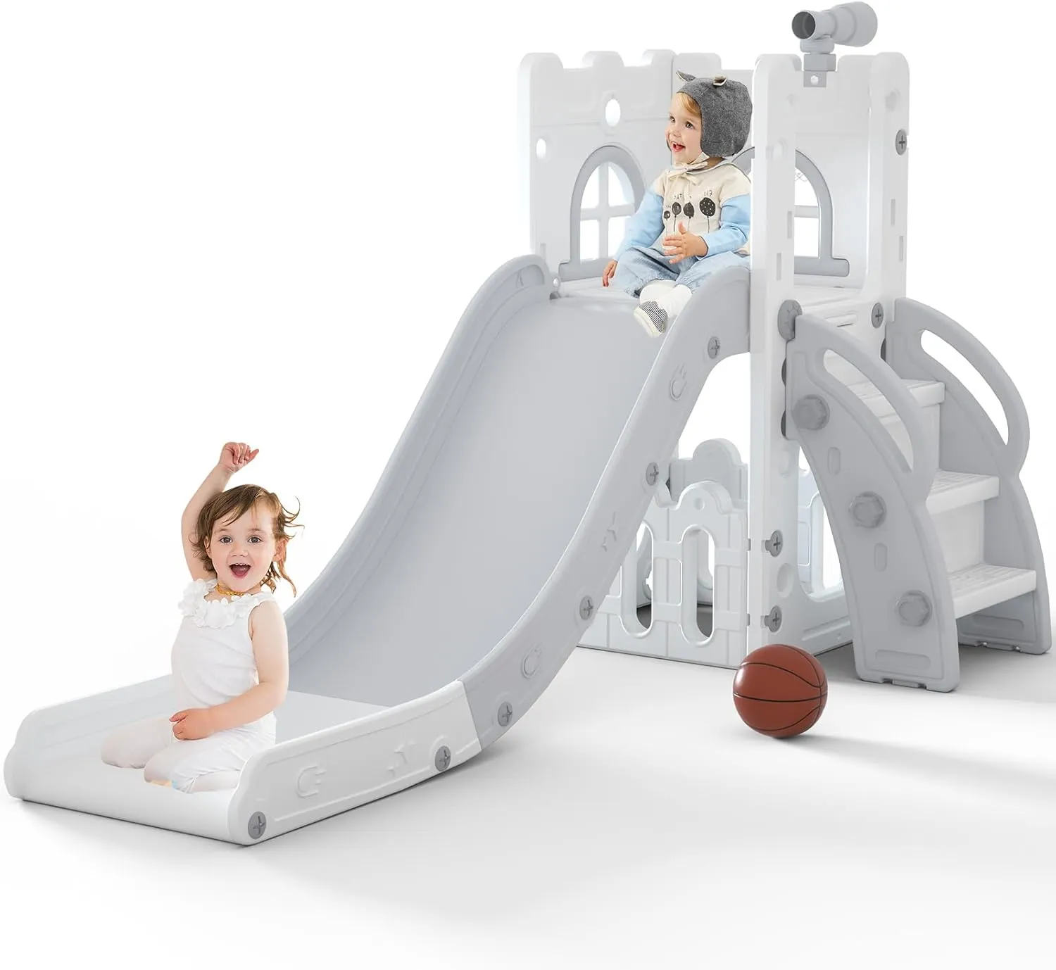 MOCUTEEN 6 in 1 Toddler Slide,Baby Playset for Indoor Outdoor Playground with Basketball Hoop,Storage and Telescope,Climbing Toys for Toddler Playground Playset